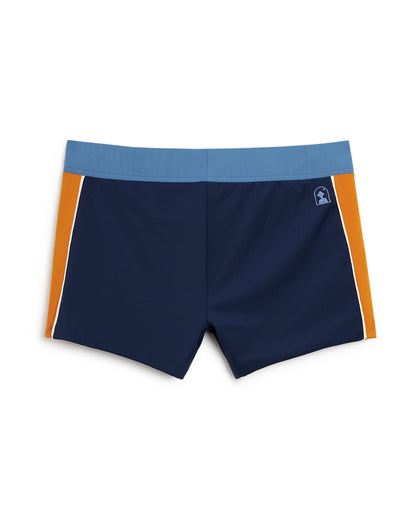 Elevate your beach or poolside style with the Dandy Del Mar Cassis Square Cut Swim Brief - Anchor. These men's swim trunks feature a striking blue and orange design that exudes leisurely vibes.