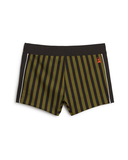 A Dandy Del Mar Cassis Square Cut Swim Brief - Arbequina featuring black and green stripes.