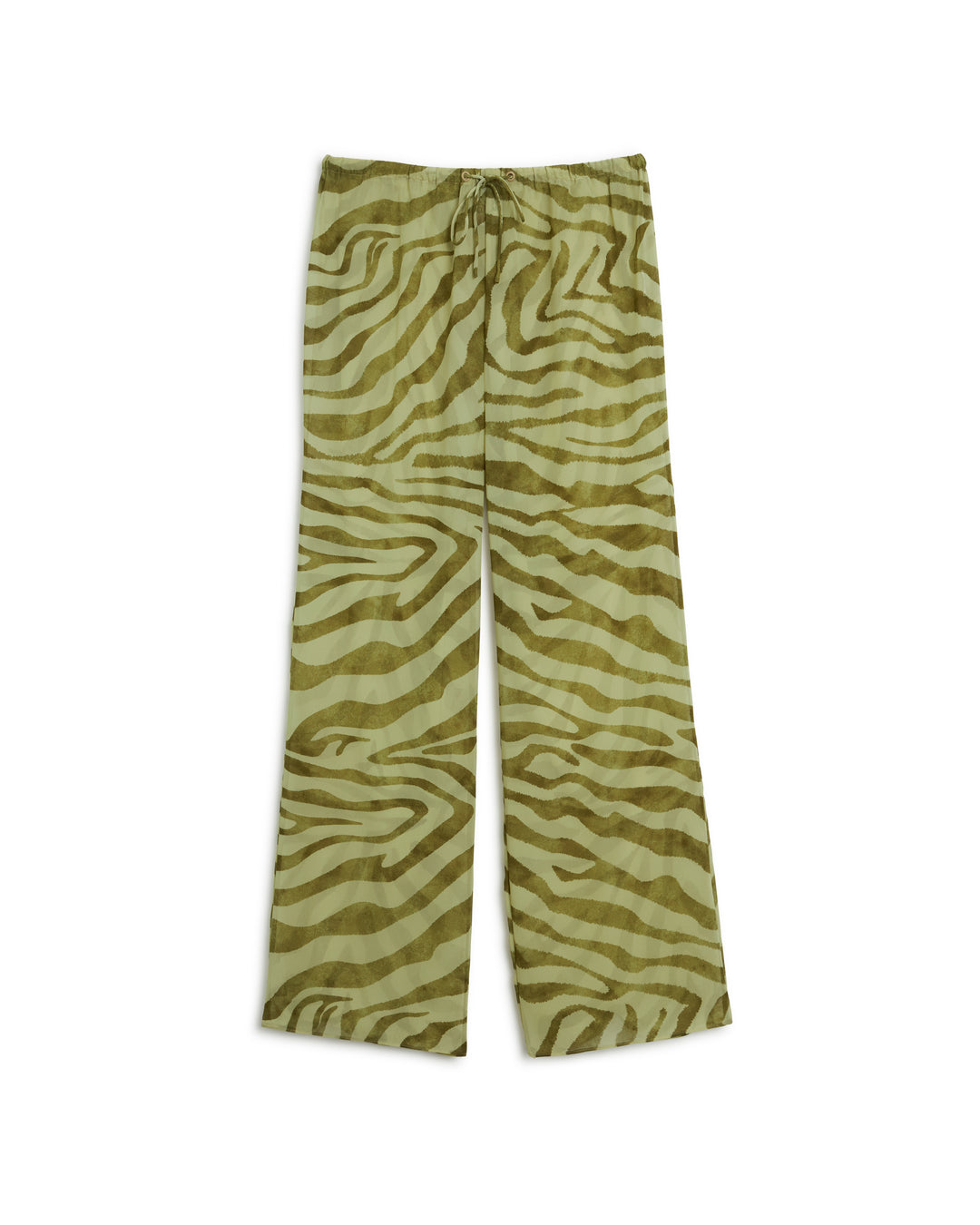 A pair of The Cayman Pants - Arbequina by Dandy Del Mar, featuring green zebra print on a white background.