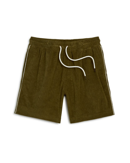 The Dandy Del Mar Gaucho Short - Arbequina in olive green.