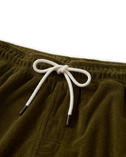 A pair of The Gaucho Short - Arbequina with a white drawstring from Dandy Del Mar.