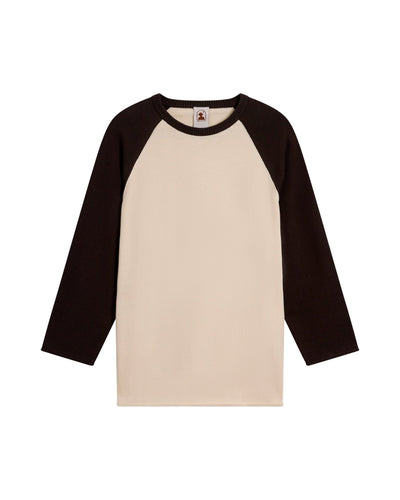 The Grenada Knit Baseball Tee - Tierra by Dandy Del Mar features beige fabric with black raglan sleeves and a crew neckline. Crafted from lightweight cotton for comfort, this vintage-sport style is shown laid flat on a white background.