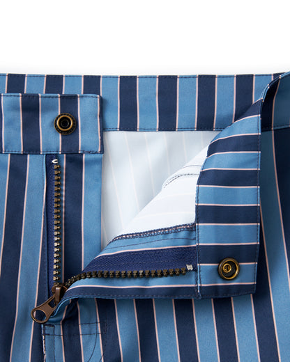 A pair of Mallorca Swim-Walk Shorts in Annapolis by Dandy Del Mar with a zipper and adjustable antique brass side fasteners.