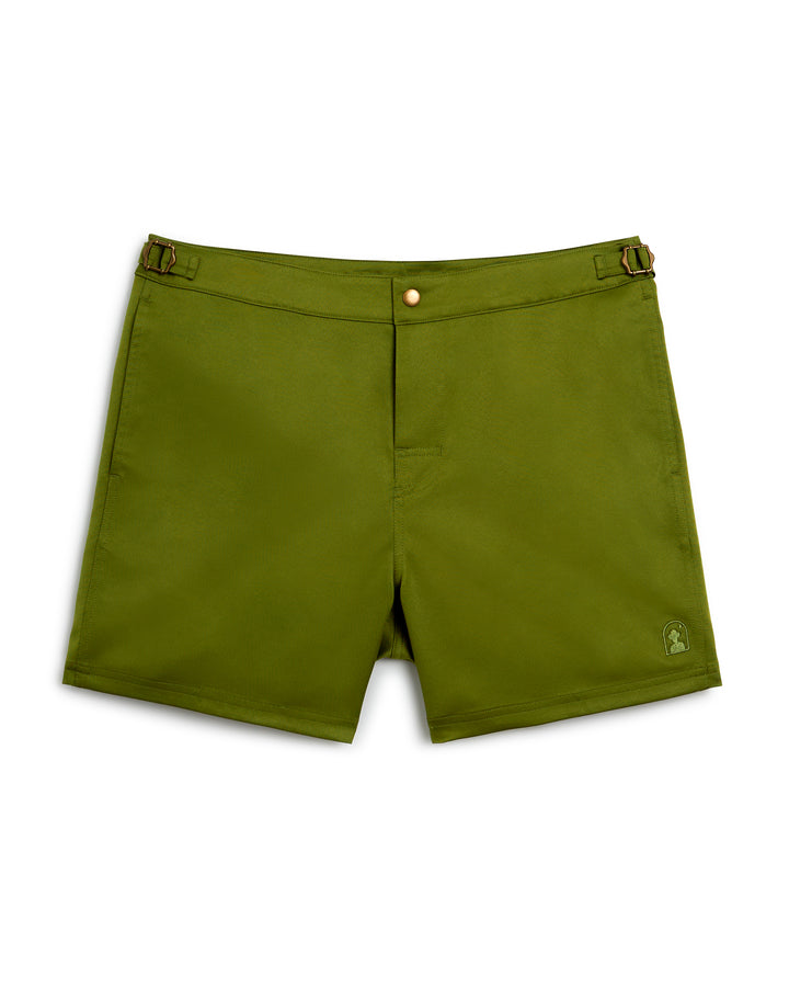 This pair of Mallorca Swim-Walk Shorts for men features a single layer nylon construction in olive green, with adjustable antique brass side fasteners.