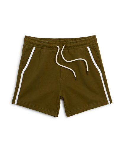 Introducing The Marseille French Terry Short - Arbequina by Dandy Del Mar: Featuring olive green color with white side stripes, a white drawstring, and an elastic waist. Crafted from soft French terry fabric, these shorts also include handy side pockets for convenience.