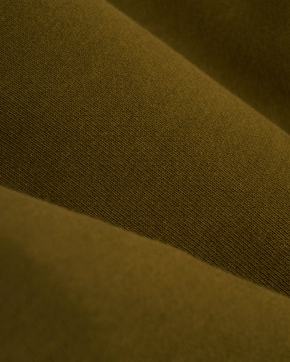 Close-up of The Marseille French Terry Pullover - Arbequina by Dandy Del Mar in olive green, showcasing its visible texture and diagonal folds.