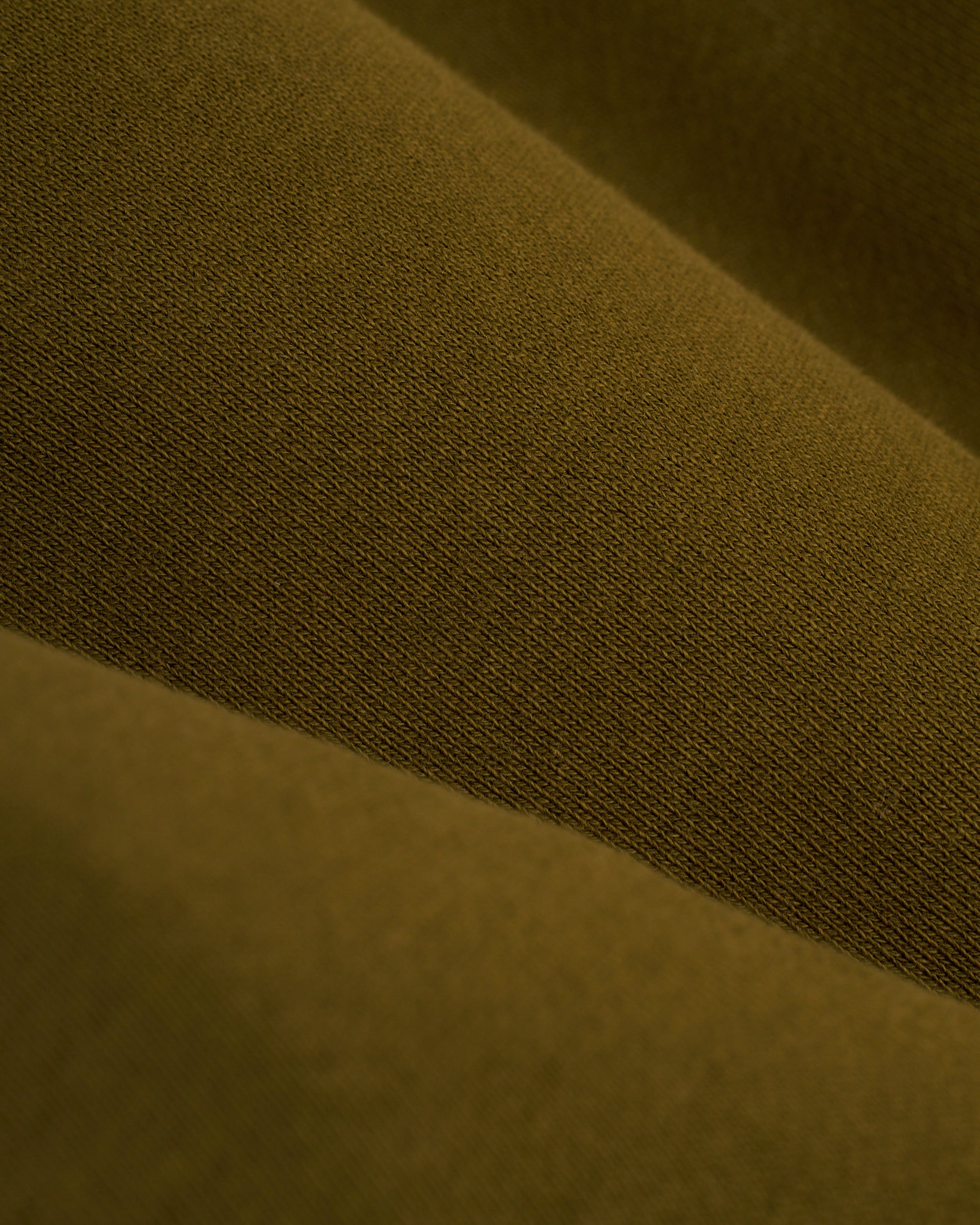 Close-up of the green French terry fabric from The Marseille French Terry Short - Arbequina by Dandy Del Mar. The material features a soft, textured surface and a slightly diagonal fold that creates subtle shadows and highlights.