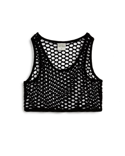 A black fishnet crop top with large mesh holes and a label reading "Dandy Del Mar" is displayed against a white background, capturing the essence of cropped styling reminiscent of The Montserrat Crochet Tank - Onyx.