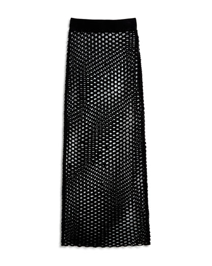 The Montserrat Crochet Skirt - Onyx by Dandy Del Mar is a long, black crochet mesh maxi skirt featuring a circular pattern design and an elastic ribbed waistband for added comfort.