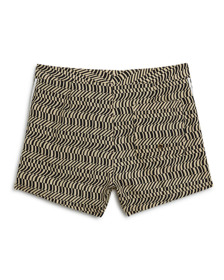These Dandy Del Mar Stirata Swim Short - Albatross for men feature a black and white pattern, perfect for hitting the waves or lounging by the pool. Made with 4-way stretch fabric, they are water resistant and comfortable to