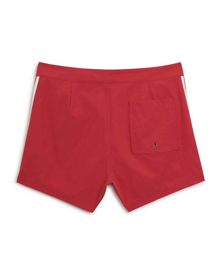 The Dandy Del Mar Stirata Swim Short - Currant is water resistant and shown on a white background.