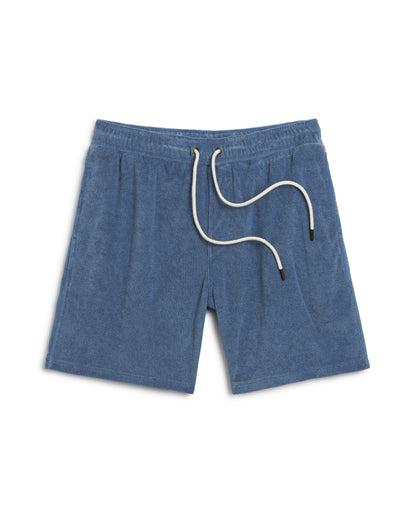 Explore the Tropez Short - Annapolis by Dandy Del Mar. Made from premium blue terry cloth, these lounge shorts feature a soft texture with visible white drawstrings for ultimate comfort and style.