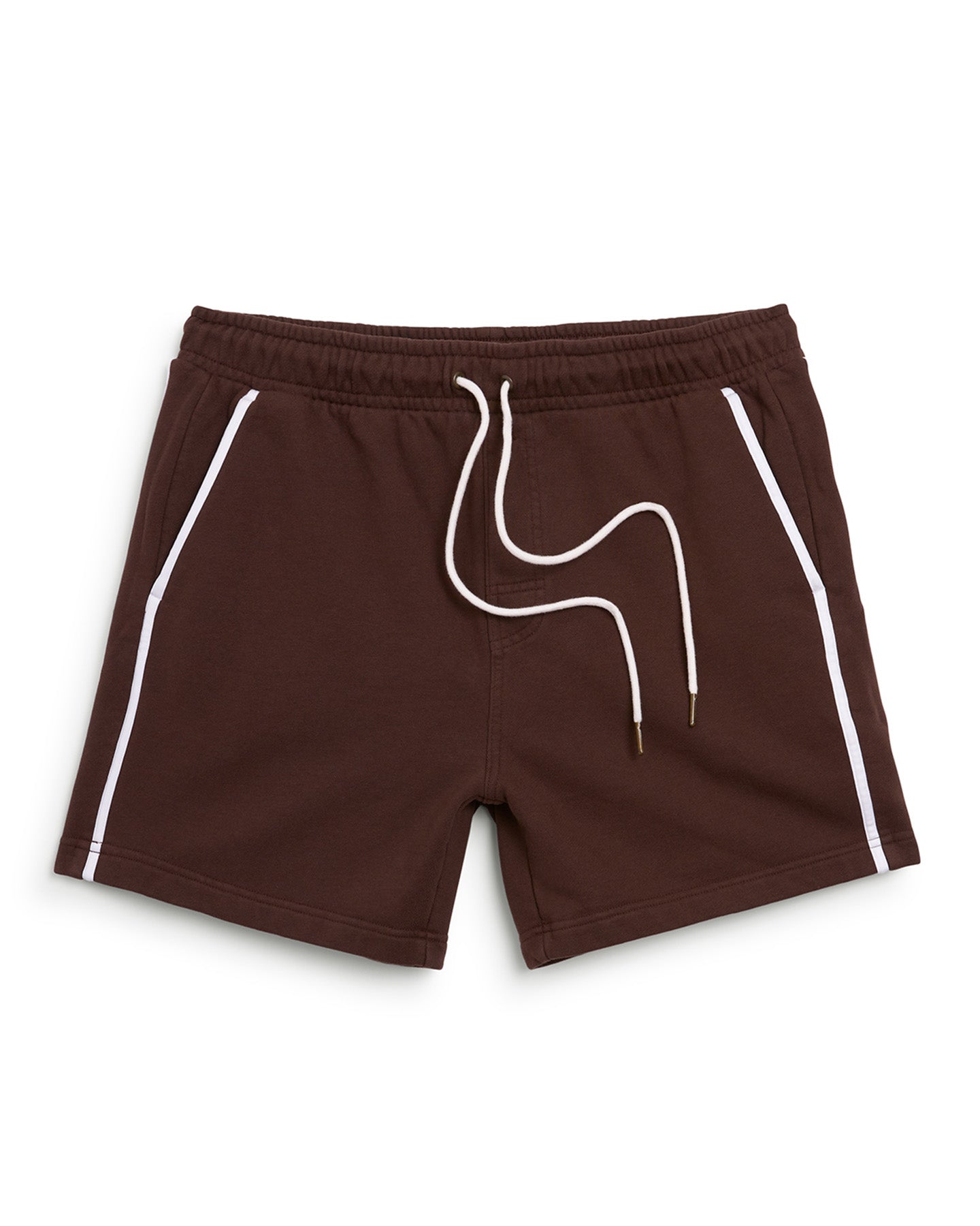 A pair of brown athletic shorts from Dandy Del Mar called The Marseille French Terry Short - Carajillo features an elastic waistband and a white drawstring. These stylish French terry shorts include white piping along the side pockets, effortlessly combining style and comfort.