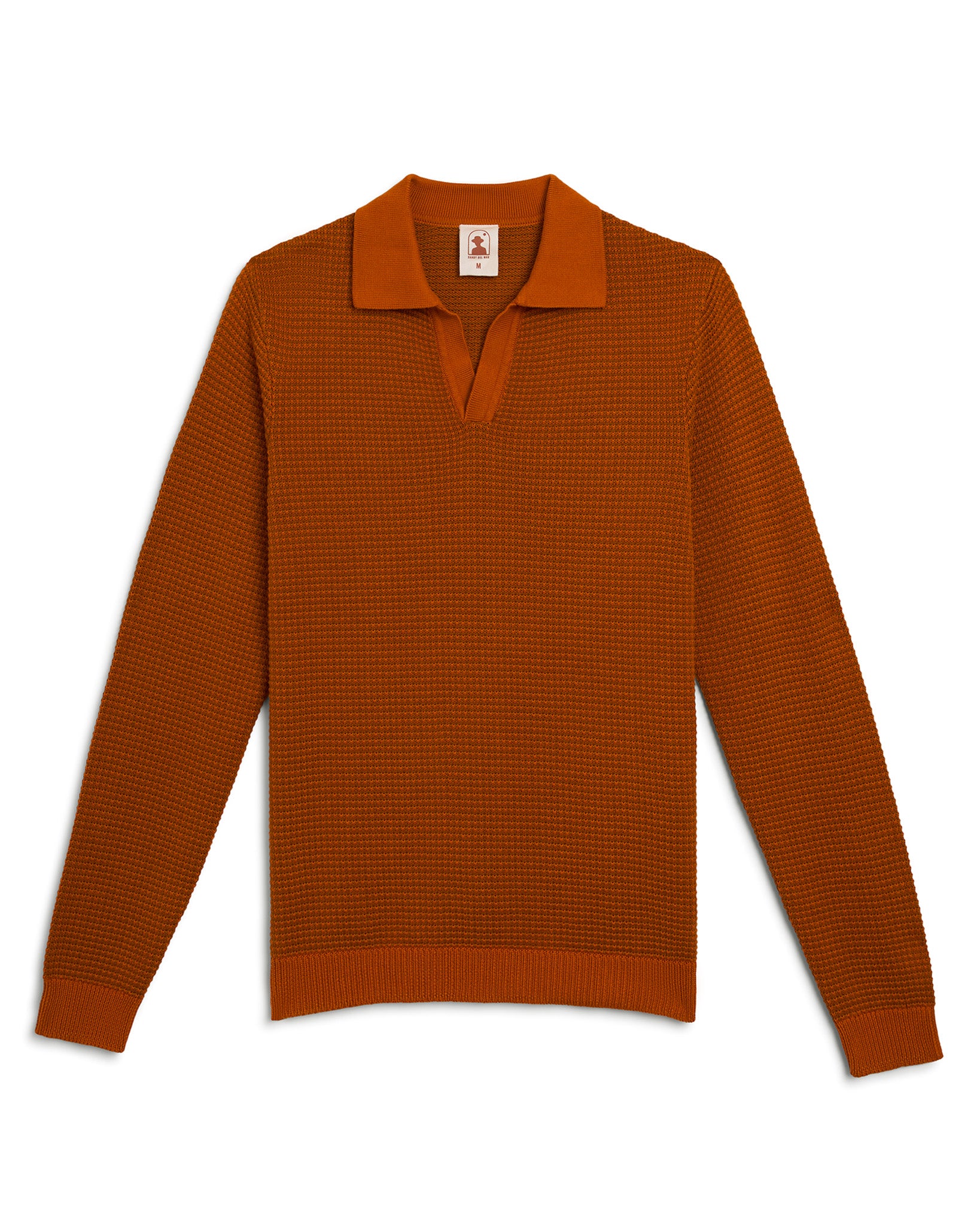 The Sebastian Long Sleeve Polo in Burnt Sienna by Dandy Del Mar, a rust-colored 100% cotton knit sweater with a wide collar and V-neck, is elegantly displayed flat on a white background.