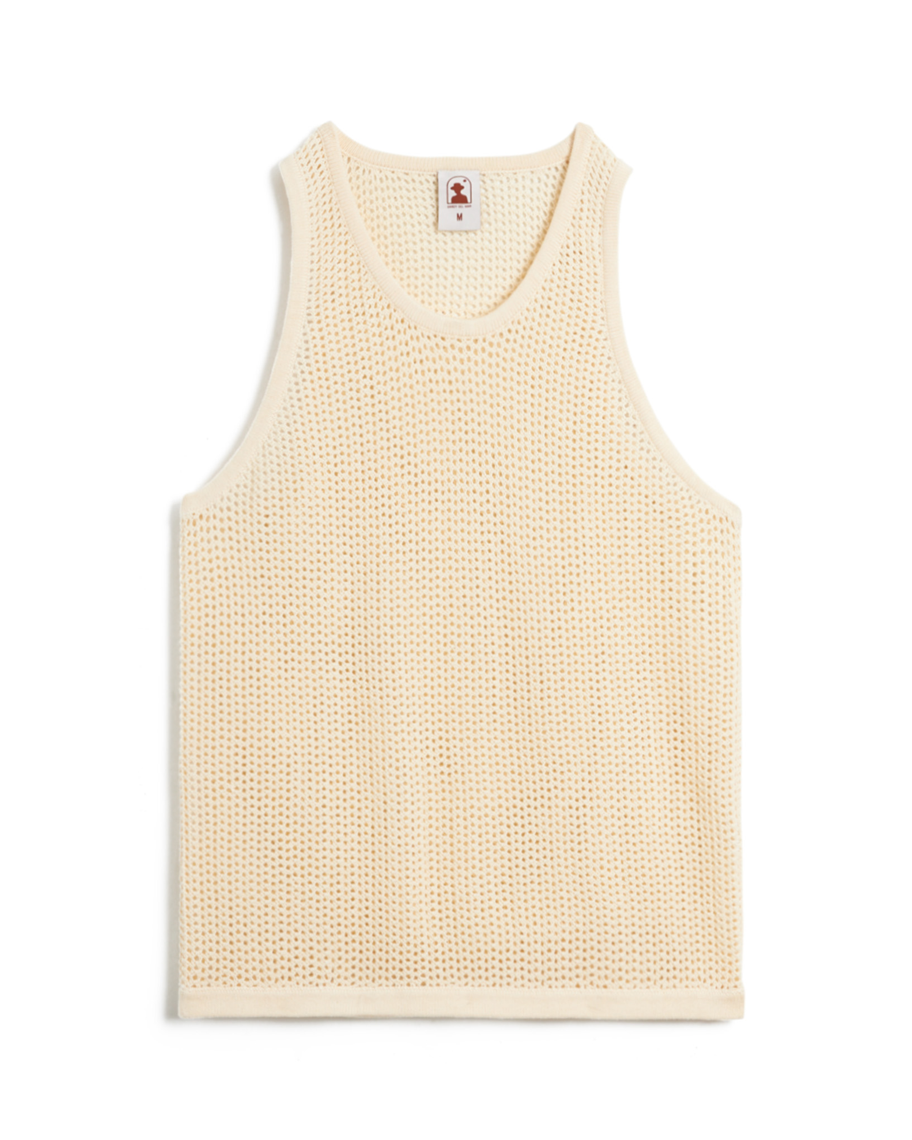 The Dominica Crochet Tank from Dandy Del Mar is a vintage ivory mesh top with a relaxed fit, round neckline, and sleeveless design, showcased on a white background.