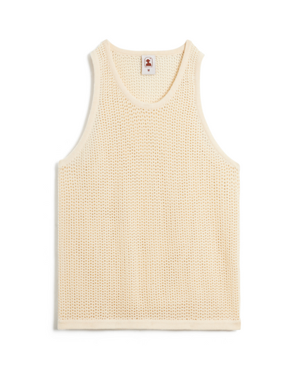 The Dominica Crochet Tank from Dandy Del Mar is a vintage ivory mesh top with a relaxed fit, round neckline, and sleeveless design, showcased on a white background.