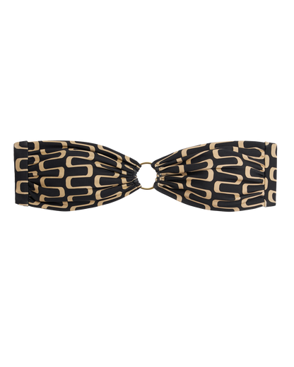 The Gomera Top - Albatross by Dandy Del Mar is a strapless bandeau in black and beige with a patterned design and a circular ring detail at the center.