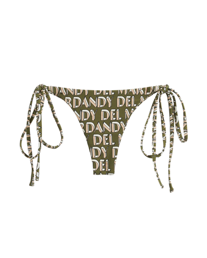The Kokomo Bottom - Arbequina by Dandy Del Mar is an olive green, tie-side bikini bottom with minimal coverage, crafted from recycled nylon and finished with a beige and white "Dandy Del Mar" text pattern.