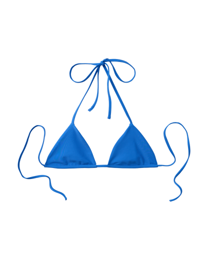 The Hierro Top - Solana by Dandy Del Mar is a blue string bikini top with triangle cups and adjustable neck and back ties, shown on a white background.
