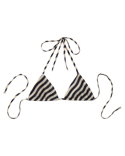 The Hierro Top - Tierra by Dandy Del Mar, a black and white striped halter bikini top with tie-back straps, is displayed flat on a white background.