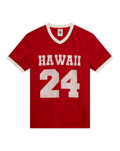 The Kaena Mesh Tee - Pico by Dandy Del Mar is a red sports mesh top with white rib V-neck and trim, showcasing a bold "HAWAII" and "24" print on the front.