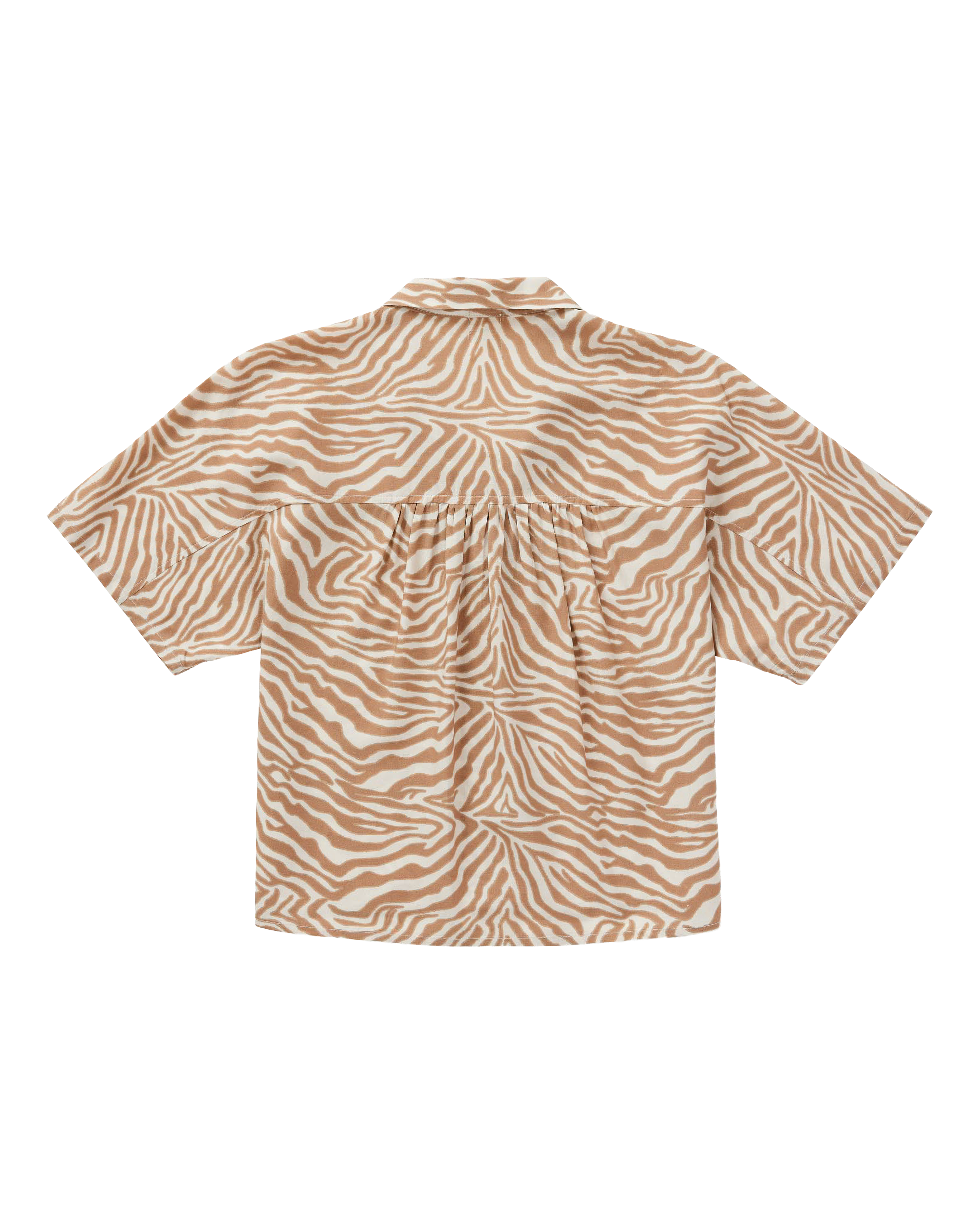 The Lucia Top - Cortado Sawla Print by Dandy Del Mar is a cropped, short-sleeve button-down linen shirt with a beige and white zebra print, shown from the back on a black background.