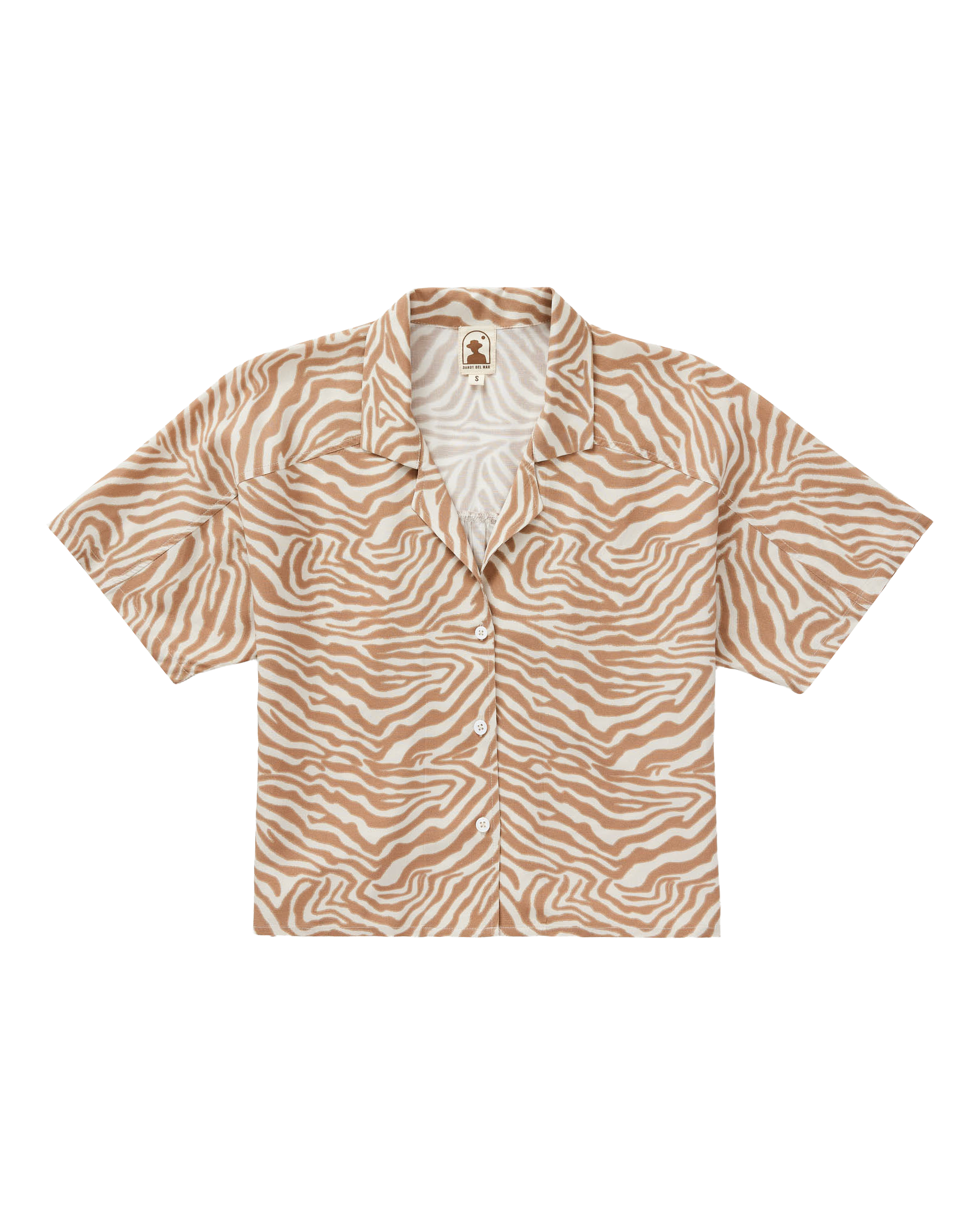 The Dandy Del Mar Lucia Top in Cortado Sawla Print is a short-sleeve button-down linen shirt featuring a brown and white zebra pattern, shown laid flat on a white background.