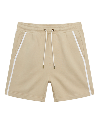 The Marseille French Terry Shorts in Ginger by Dandy Del Mar feature an elastic waist, white side stripes, and two front pockets. Perfect men's athletic shorts for casual comfort, shown laid flat on a white background.