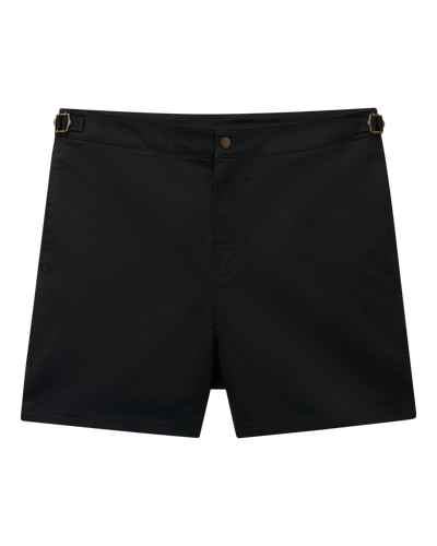 The Dandy Del Mar Mallorca Swim-Walk Shorts in Onyx feature a button closure, adjustable side fasteners, and a flat front, shown against a white background.