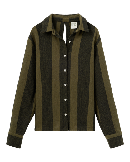 The Sevilla Top - Onyx by Dandy Del Mar features long sleeves, a button-up front, wide vertical olive and dark green stripes, a spread collar, and a straight hem, shown against a plain background.
