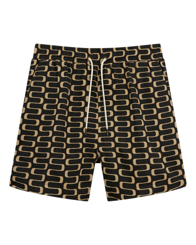 The Grenadine Shorts - Truffle by Dandy Del Mar: Black men's casual shorts with a tan geometric pattern, elastic waistband, and white drawstrings, shown laid flat on a white background.