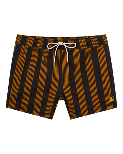 The Ventura Volley Shorts - Albatross by Dandy Del Mar feature black fabric with vertical yellow stripes, an elastic waistband, beige drawstring, and a small yellow logo—ideal for stylish men’s swimwear.