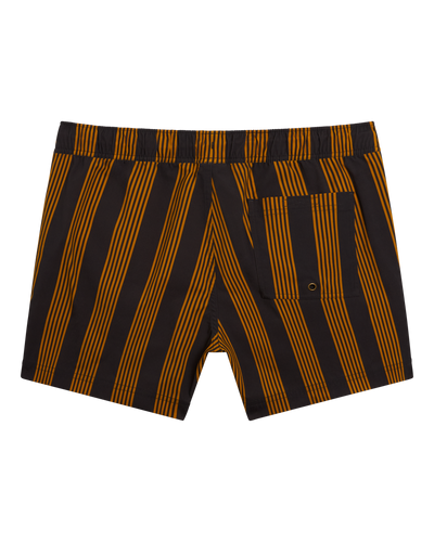 The Ventura Volley Shorts - Albatross by Dandy Del Mar: black swim shorts with vertical yellow-orange stripes, elastic waistband, and a single back pocket—an ideal blend of comfort and men's swimwear style.
