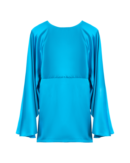 The Catania Satin Angel Sleeve Dress - Lago by Dandy Del Mar, shown from the back against a white background, features a bright blue hue, long wide angel sleeves, loose fit, and an empire waist.