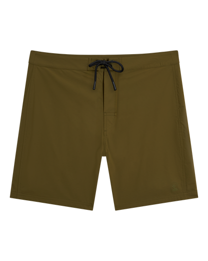 The Cavoli Swim Short - Berdea by Dandy Del Mar: olive green, water-resistant athletic trunk with black drawstring and 4-way stretch fabric, shown on a plain background.