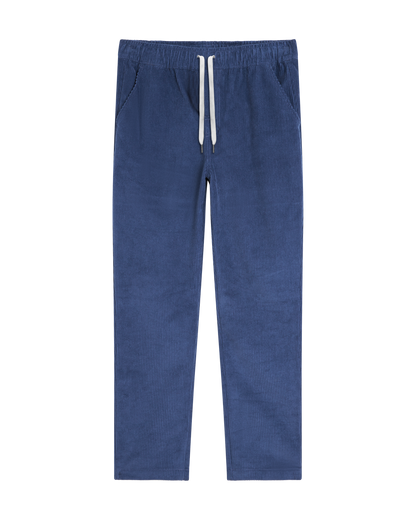 The Corsica Corduroy Pant - Moontide by Dandy Del Mar, crafted from soft 8-wale corduroy with an elastic waist, white drawstring, and side pockets, is shown laid flat on a white background.