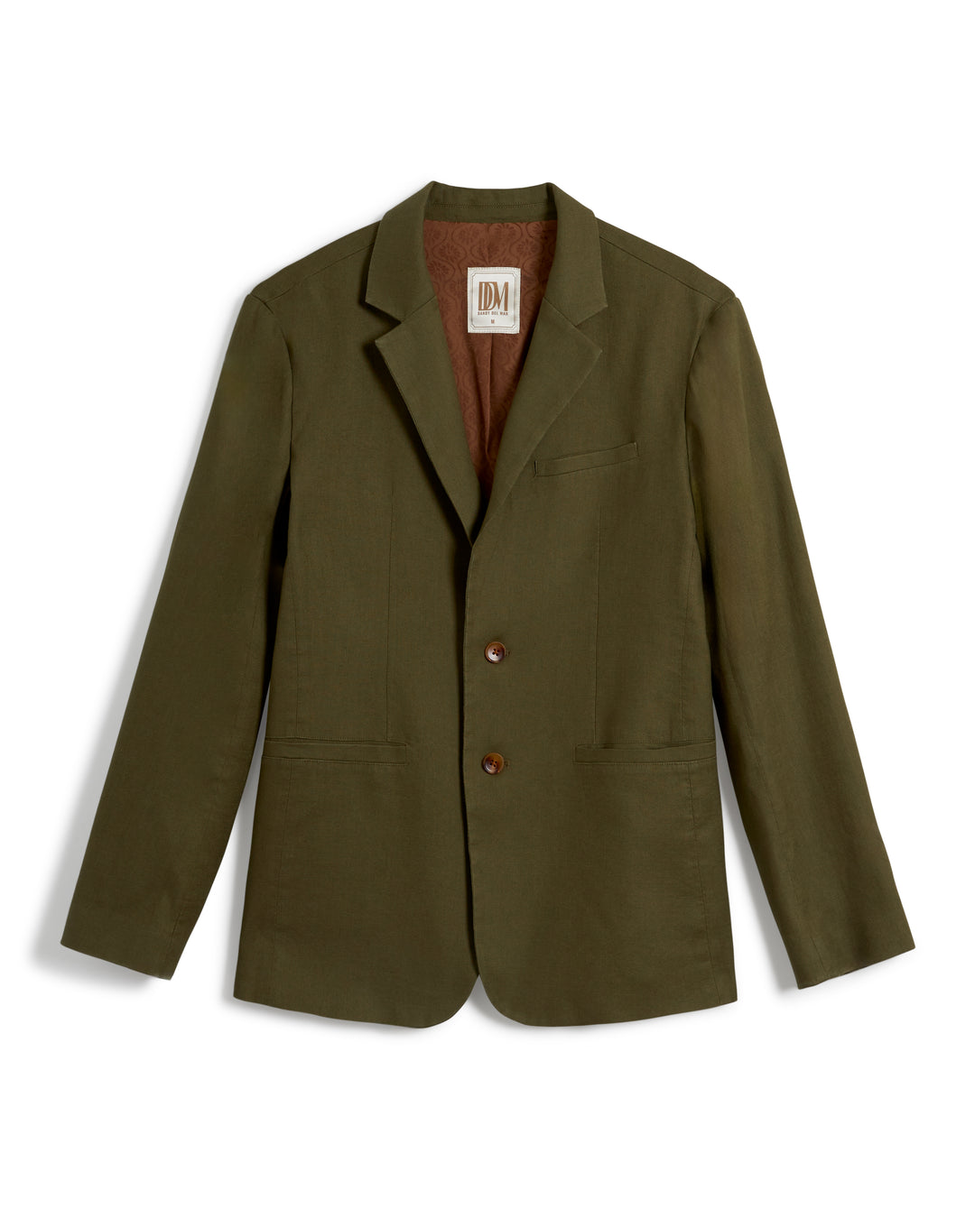 The Brisa Linen Blazer - Berdea from Dandy Del Mar in khaki green features long sleeves, two front buttons, and a front pocket. This tailored linen blazer is displayed on a white background, showcasing its exquisite jacquard lining.