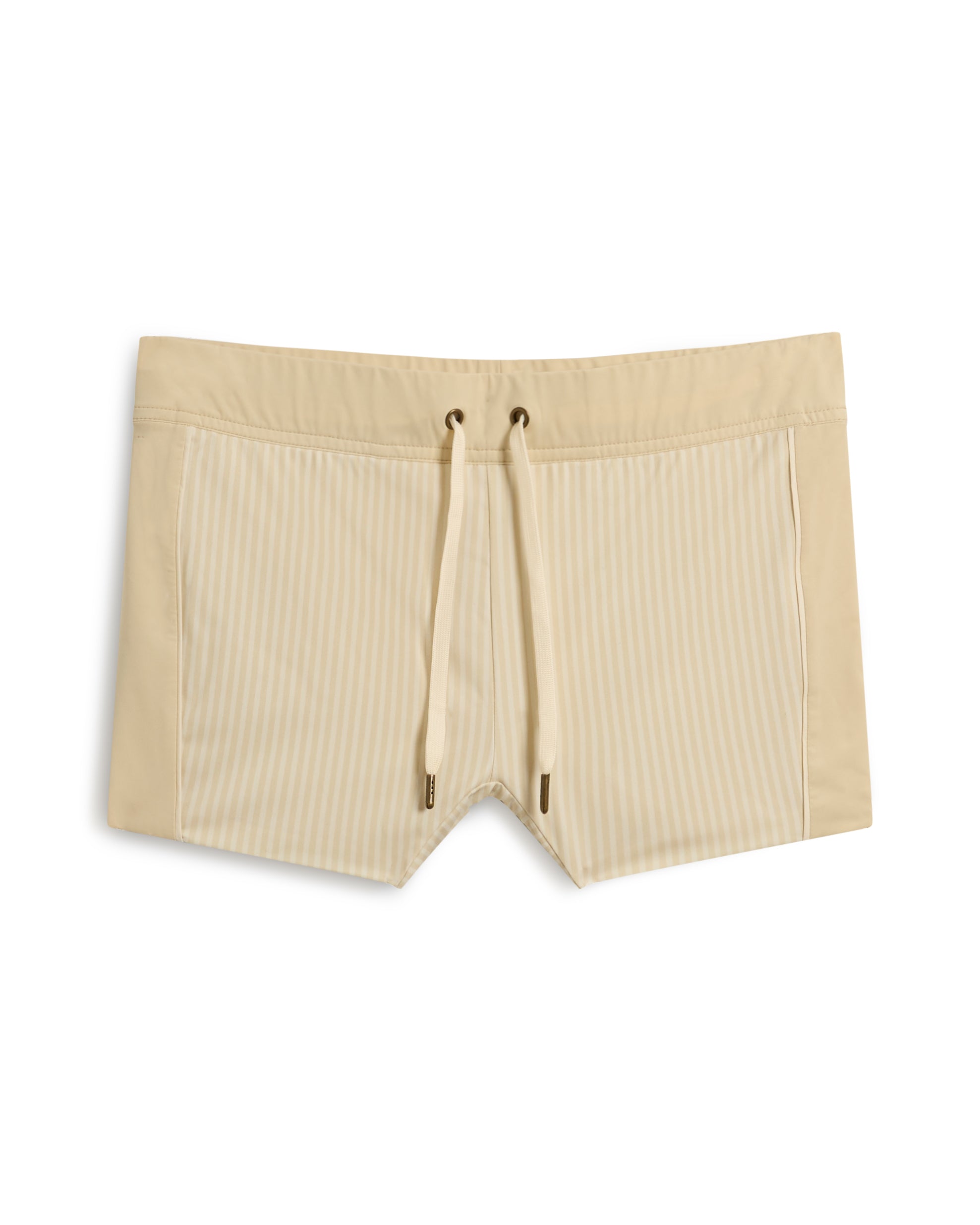 The Cassis Square Cut Swim Brief - Sabbia by Dandy Del Mar features a beige stripe and drawstring waist, ideal for leisure seekers.