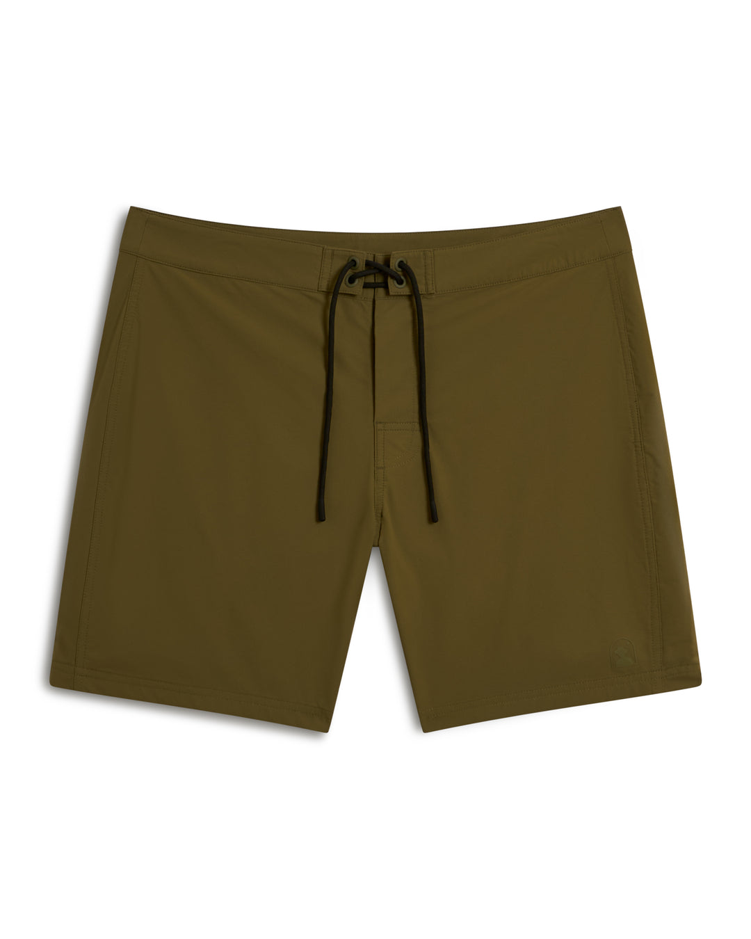 The Dandy Del Mar Cavoli Stretch Swim Short in Berdea features olive green color and a black drawstring set against a white background.