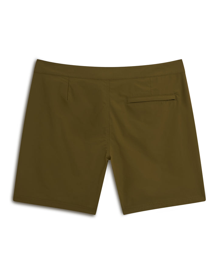 The Cavoli Stretch Swim Short - Berdea by Dandy Del Mar is displayed on a white background, featuring olive green color and a back zipper pocket.