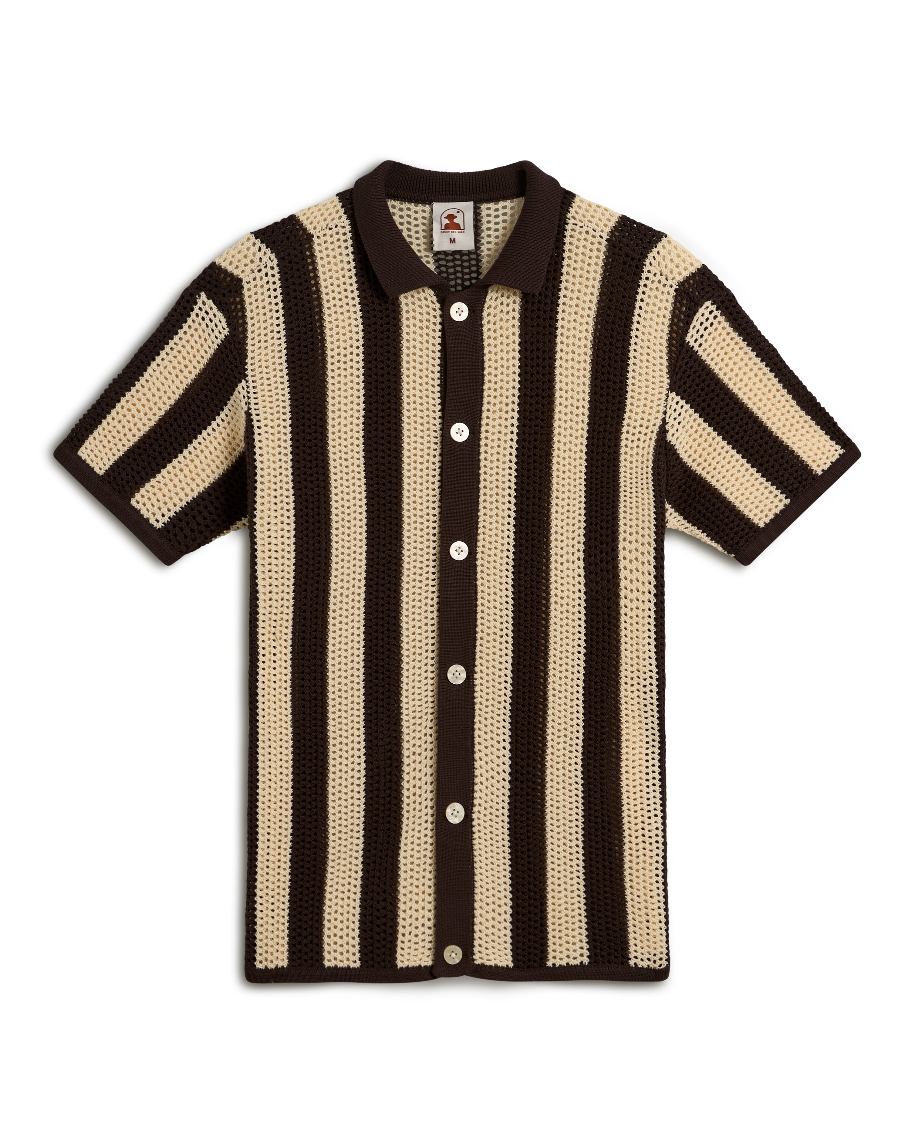 The Dominica Crochet Shirt - Tierra by Dandy Del Mar features short sleeves, vertical brown and beige stripes, and white buttons down the front.