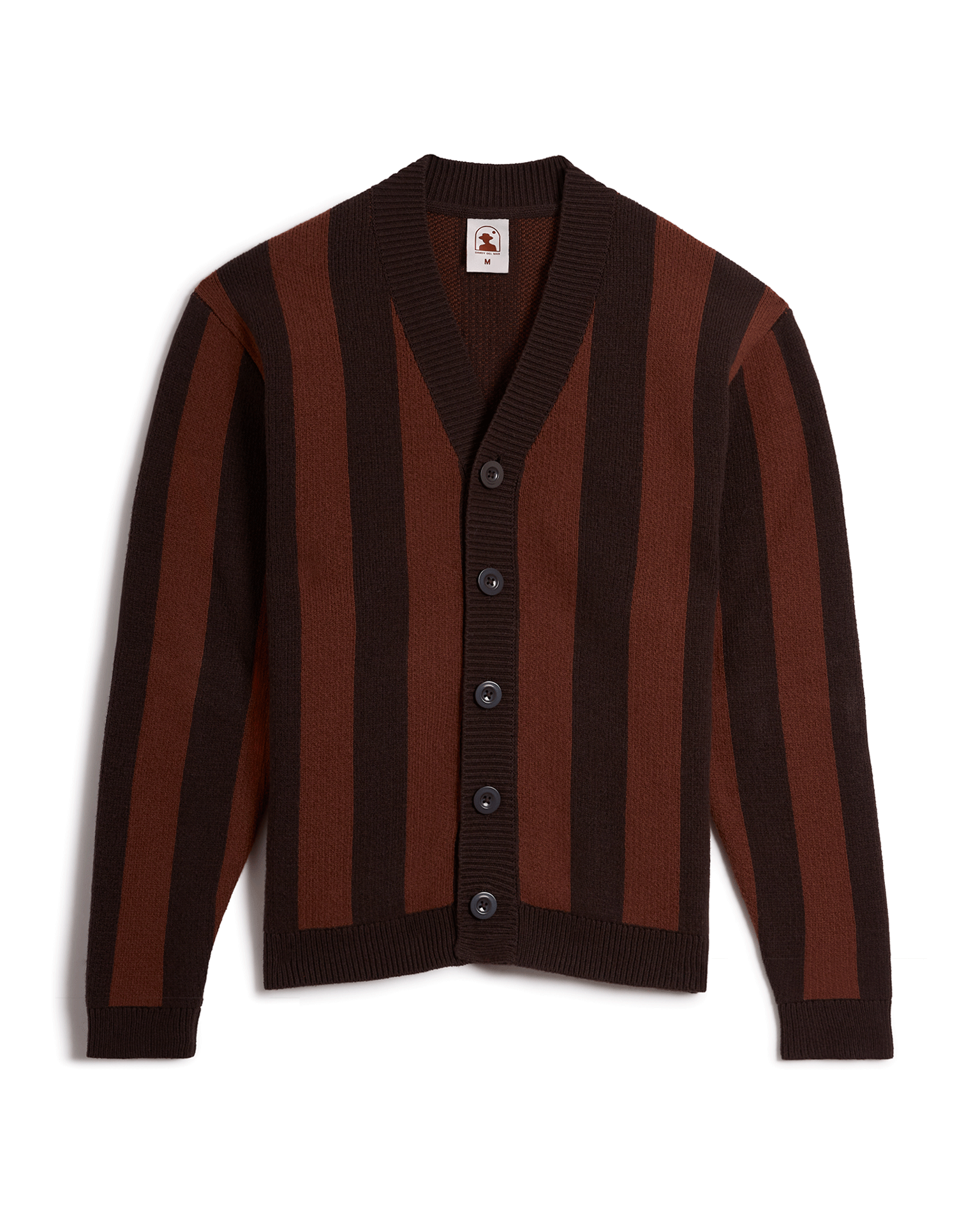 Dandy Del Mar's The Florence Knit Cardigan - Garam is a luxurious piece, showcasing brown and dark brown stripes with black buttons, all beautifully crafted in a jacquard knit on a plain white background.