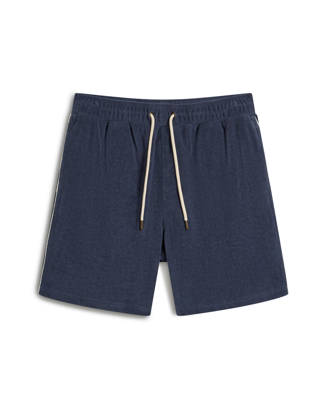 The Gaucho Terry Cloth Short in Moontide by Dandy Del Mar, featuring cream drawstrings, is laid flat on a white background.