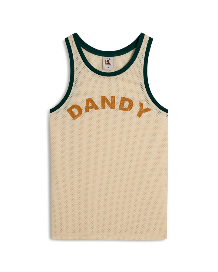 The Kaena Mesh Tank by Dandy Del Mar features a beige mesh design with dark green trim and "DANDY" in orange across the chest.