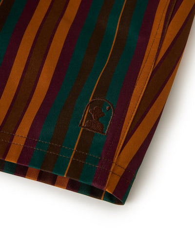 Close-up of Dandy Del Mar’s Mallorca Swim-Walk Shorts in Burnt Sienna, featuring vertical brown, orange, burgundy, and green stripes, a small embroidered logo near the hem, and adjustable side fasteners.