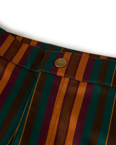 Close-up of The Mallorca Swim-Walk Shorts - Burnt Sienna by Dandy Del Mar, featuring vertical green, brown, maroon, and orange stripes, brass snap button closure, and adjustable side fasteners.