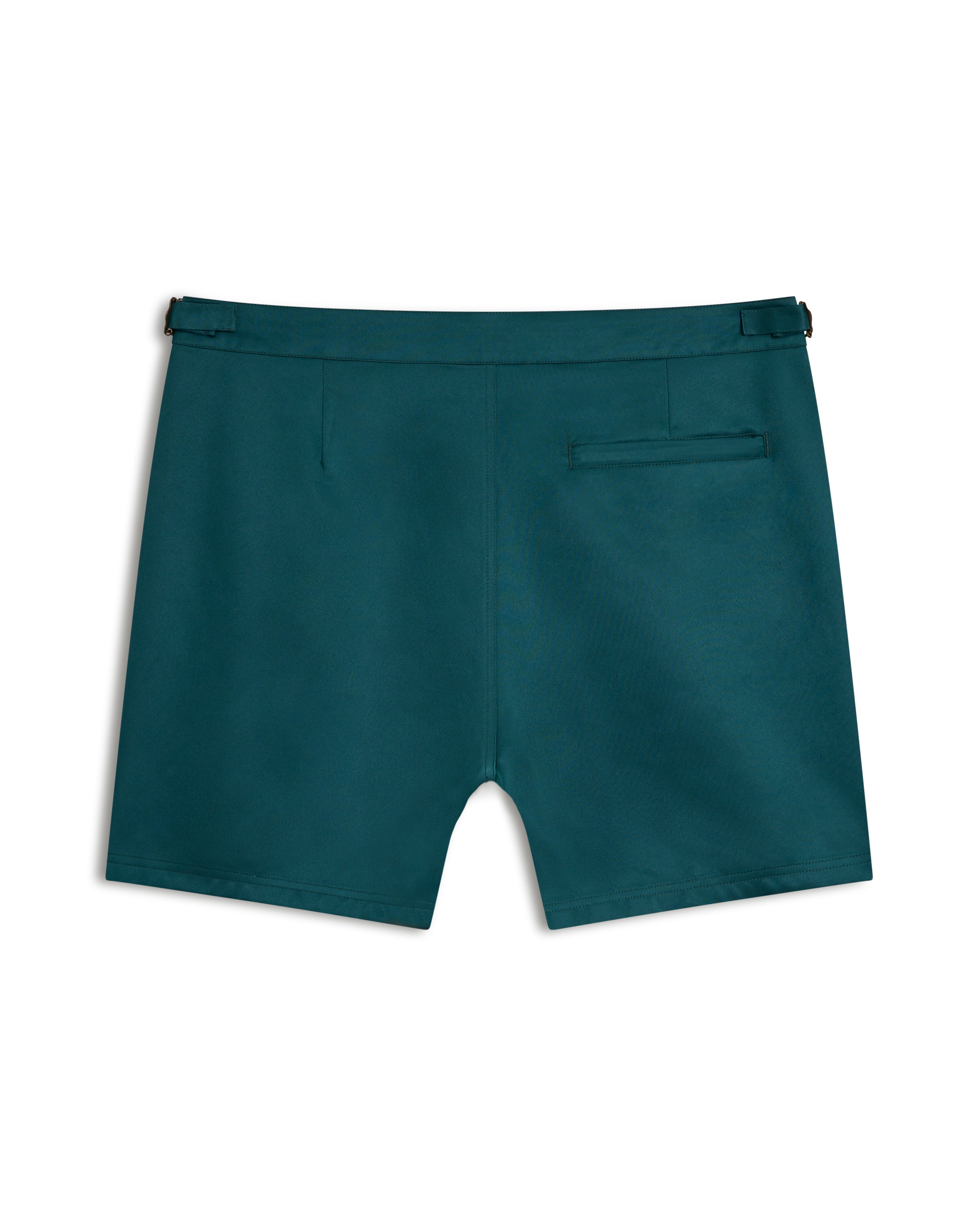 Introducing The Mallorca Swim-Walk Short by Dandy Del Mar: Tempest Blue with a sleek nylon design, featuring a single back pocket and adjustable brass side fasteners for a perfect fit.