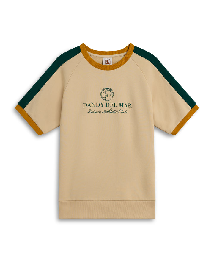 The Marseille French Terry Pullover - Sabbia from Dandy Del Mar showcases "Dandy Del Mar Leisure Athletic Club" with a globe graphic in elegant chest embroidery, adding sophisticated beige with green and brown accents.