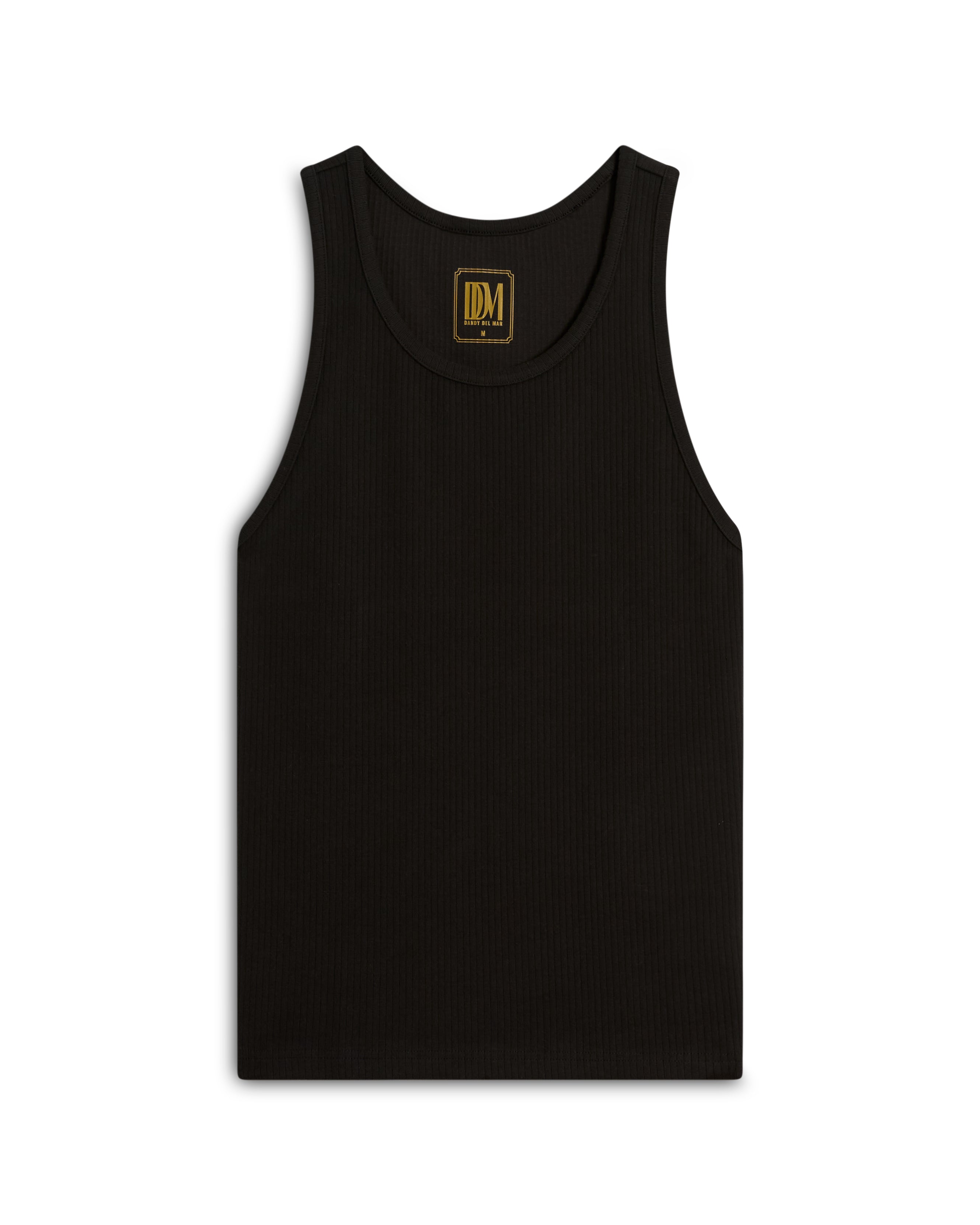 The Milan Rib Tank - Onyx by Dandy Del Mar is a black sleeveless ribbed top with a small gold logo on the inner collar.