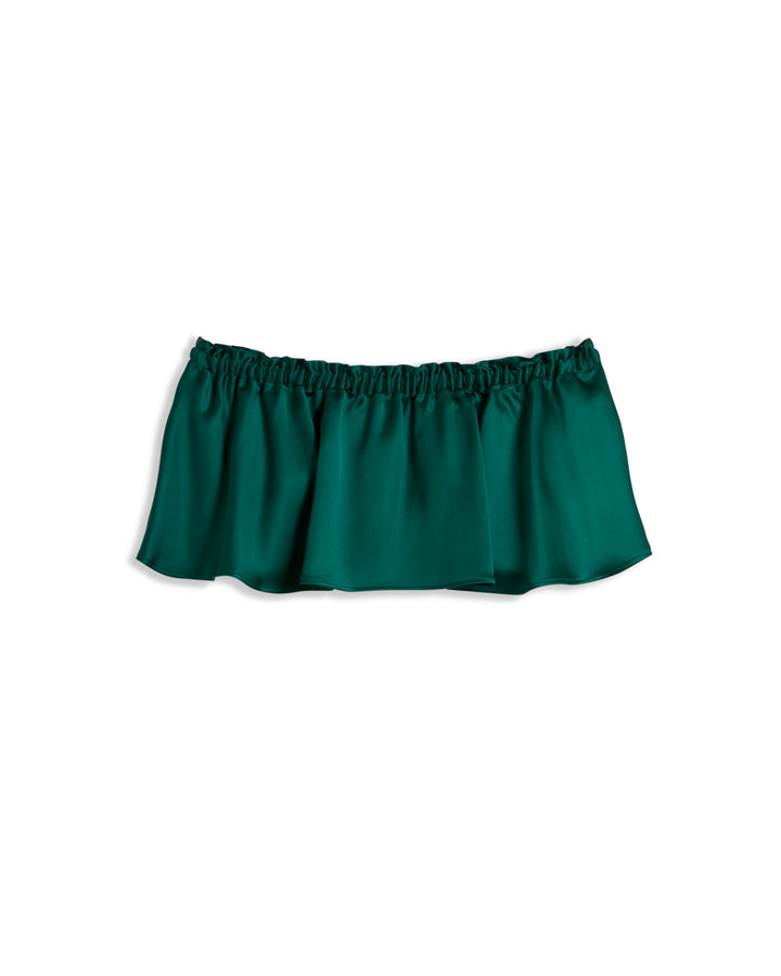 The Monaco Flounce Top - Albero by Dandy Del Mar features a green off-the-shoulder ruffled crop design with an elastic top edge.